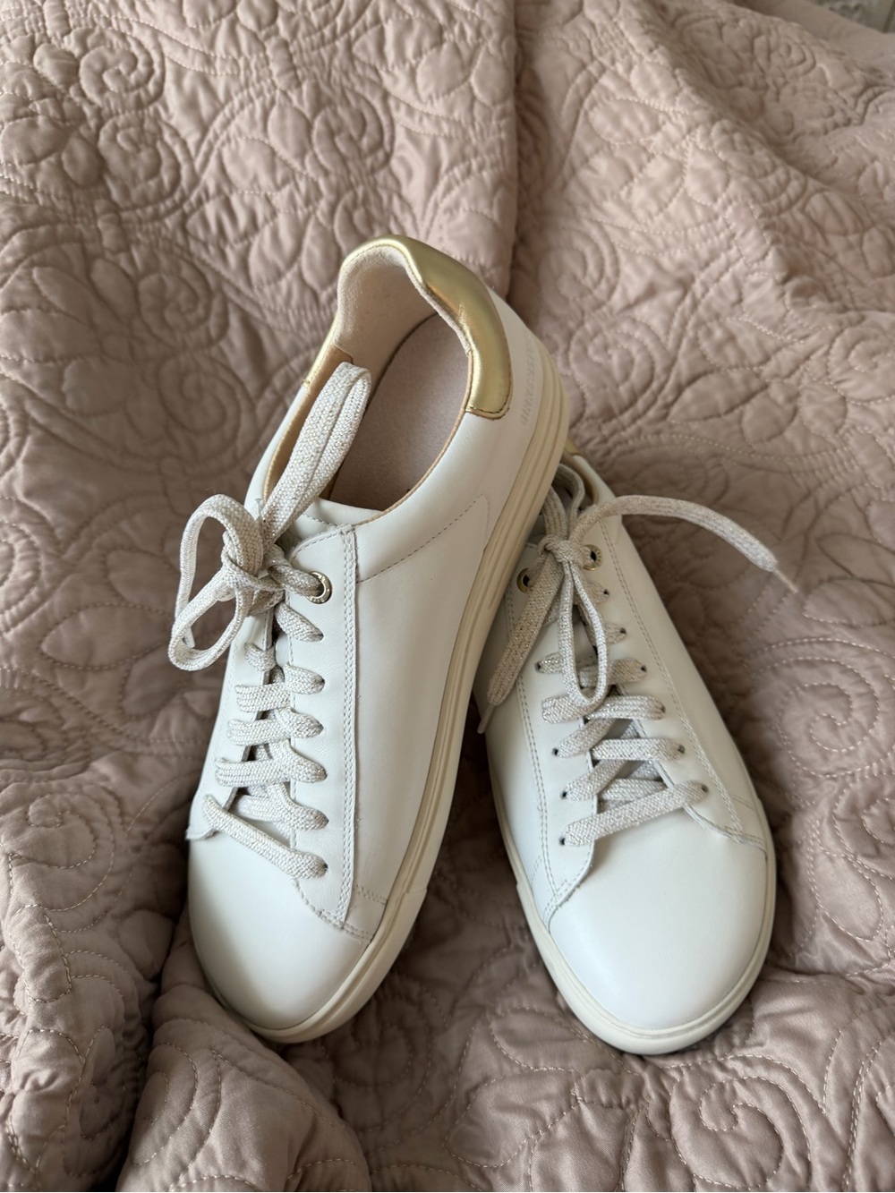 Birkenstock Cream Leather Sneakers with Gold Heel Accent